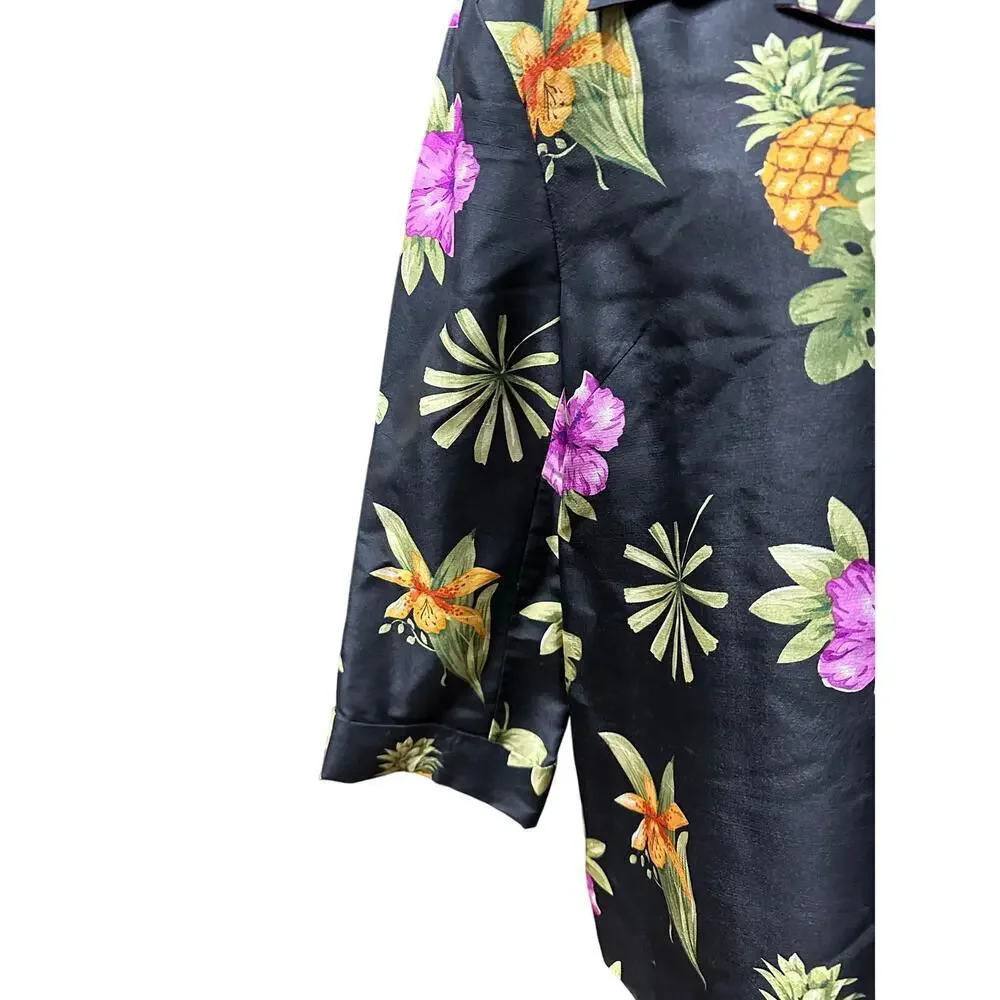 Silkland 100% Silk jacket Blazer Black Tropical Flowers 16 Resort vacation beach - Picture 3 of 13